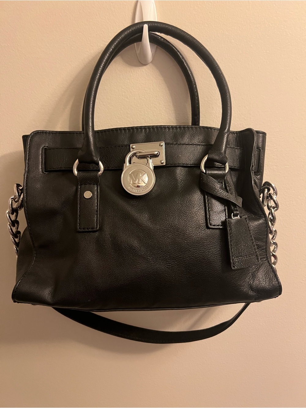 Michael Kors Black Leather Satchel with Silver-Tone Chain